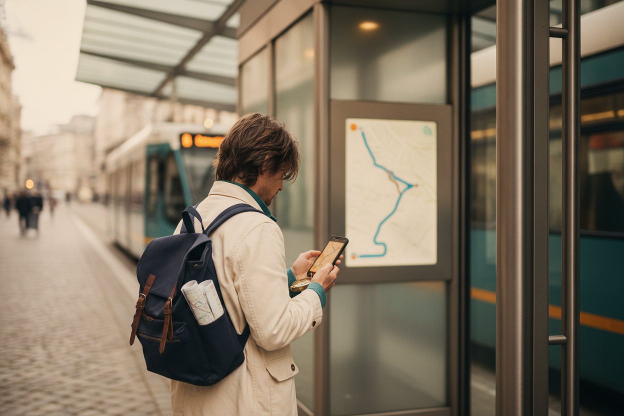 A traveler calmly checking their phone beside a modern tram entrance